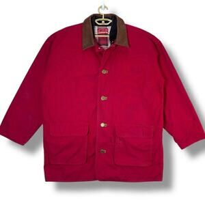 VTG 90's Marlboro Red Canvas Barn Jacket with Leather Collar Coat size Large Y2K